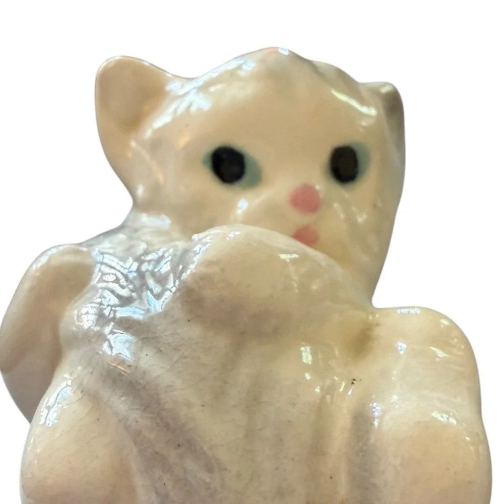 Vintage Japan Ceramic Kitten Figurine Playful White Grey Cat Blue Eyes Crazing